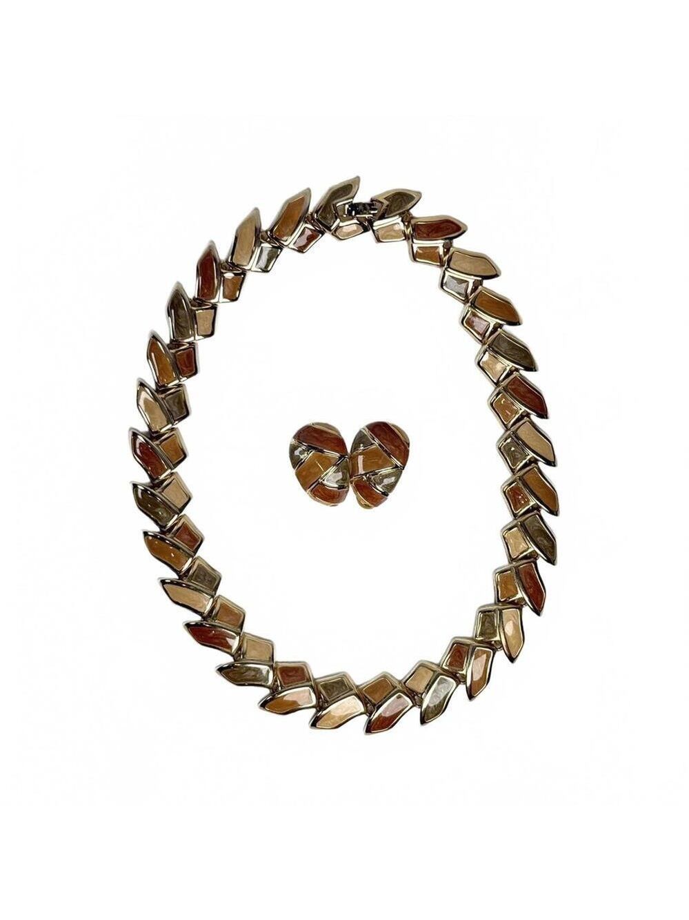 Vintage Gold Tone Enamel Necklace & Clip Earrings Set Earth Tones Modernist